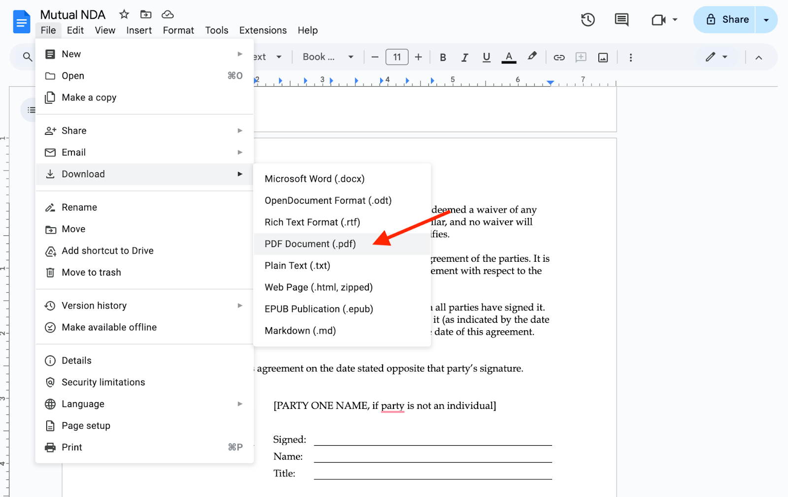 Clicking on the PDF Document Option from the Download Options in Google Docs