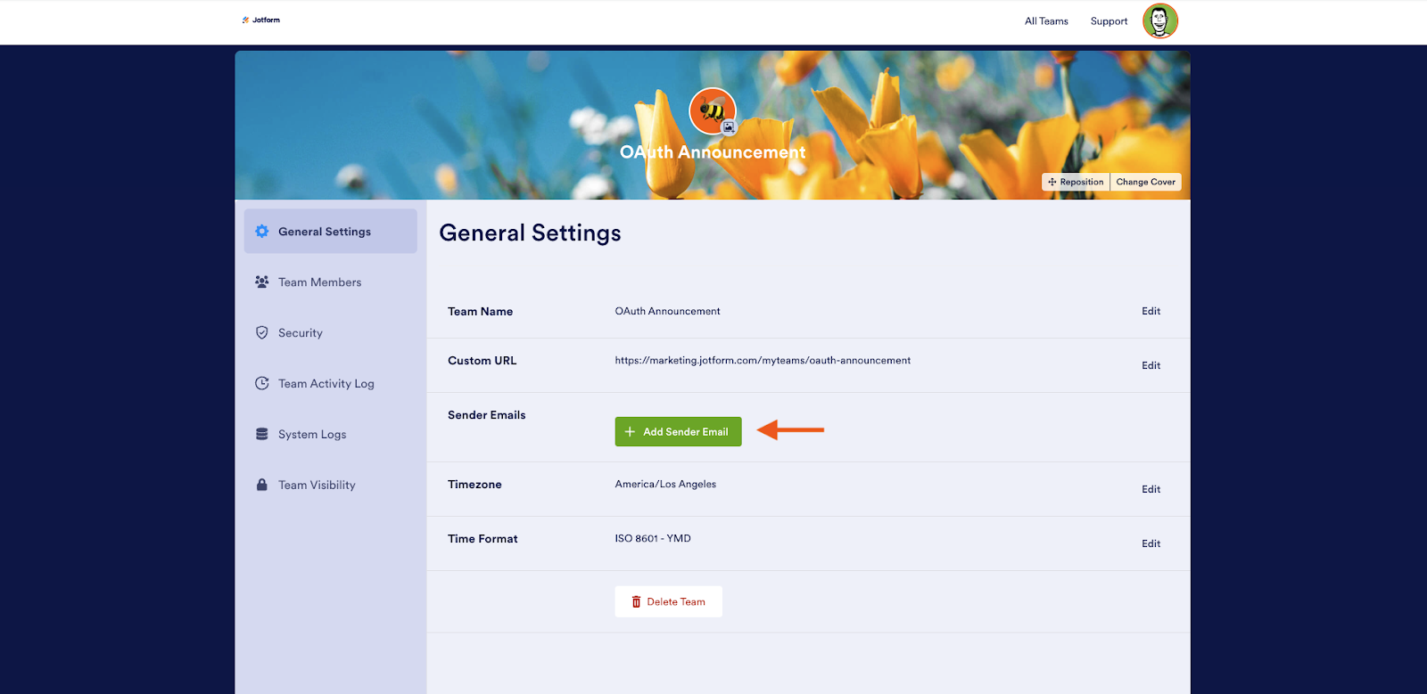 Clicking the Add Sender Email button next to Sender Emails in General Settings