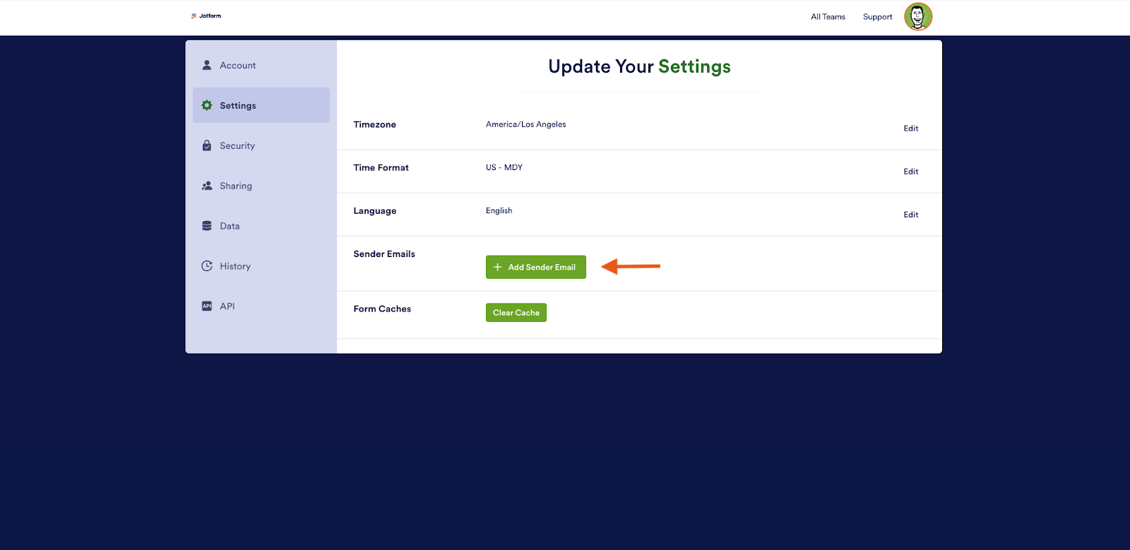 Clicking the Add Sender Email button next to Sender Emails in Settings