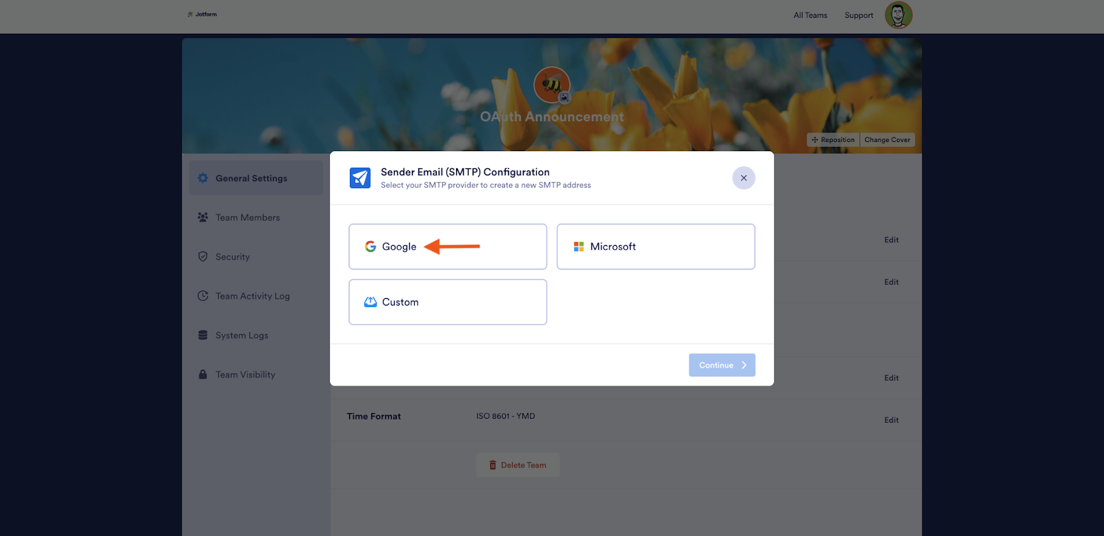 Choosing Google from the Sender Email (SMTP) Configuration pop-up window