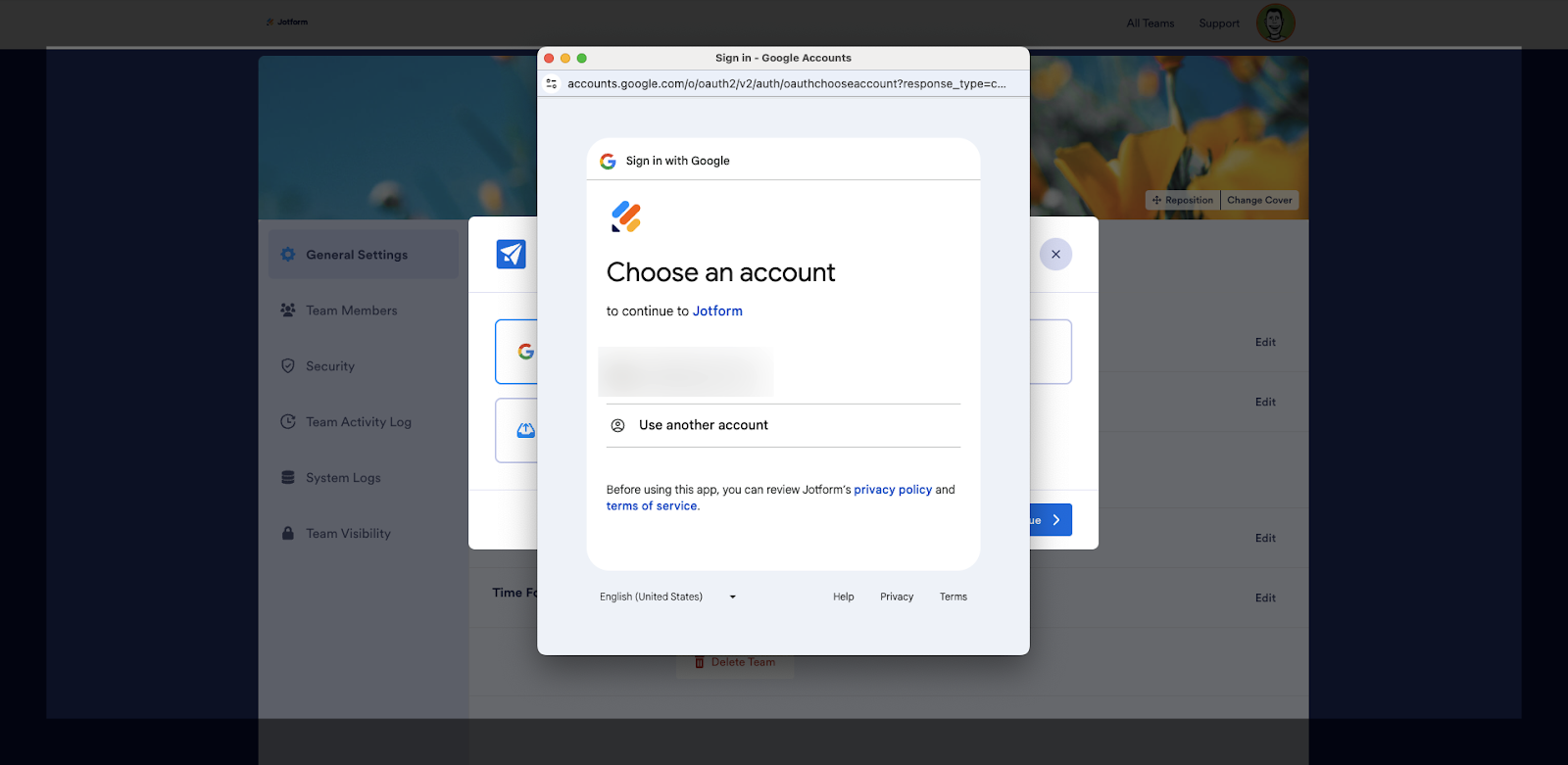 Allowing permission to the Jotform account from the pop-up window