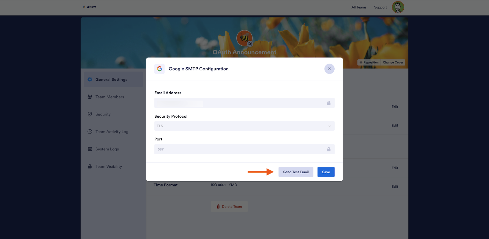 Clicking on Send Test Email button on the Google SMTP Configuration Window