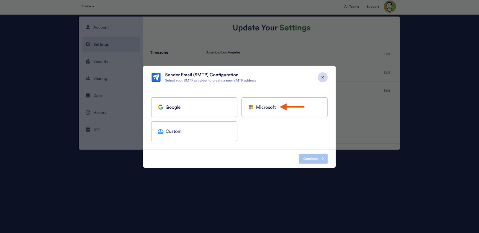 Choosing Microsoft from the Sender Email (SMTP) Configuration pop-up window