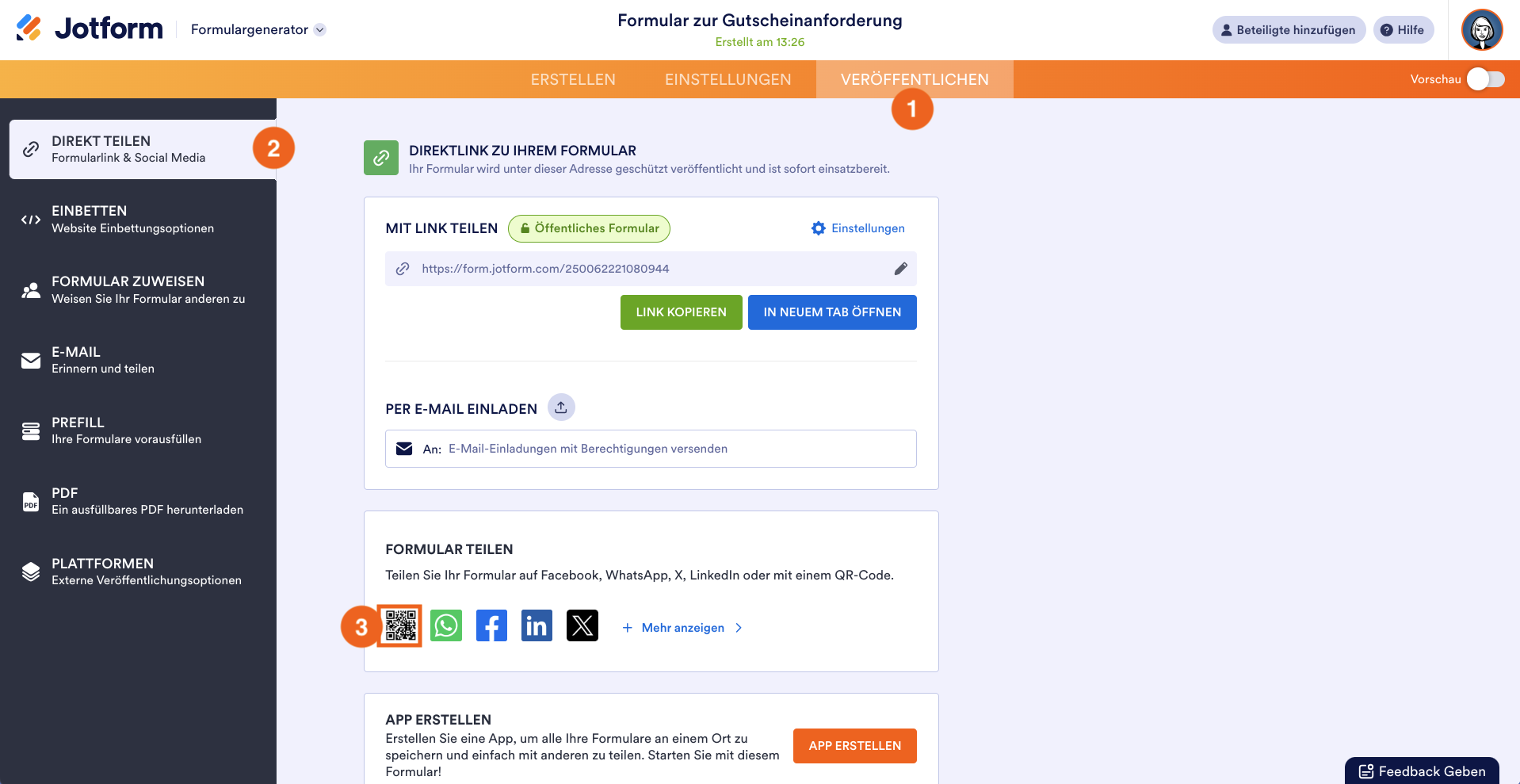 Klicken Sie auf die Registerkarte Jotform Veröffentlichen und dann auf das QR-Code-Symbol unter den Share Form-Optionen
