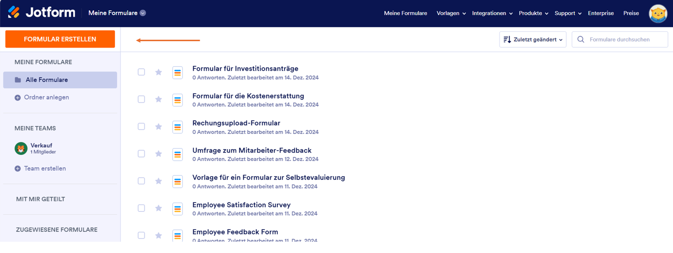 Screenshot der Seite Jotform Meine Formulare mit einem Pfeil, der auf den Button Formular erstellen zeigt