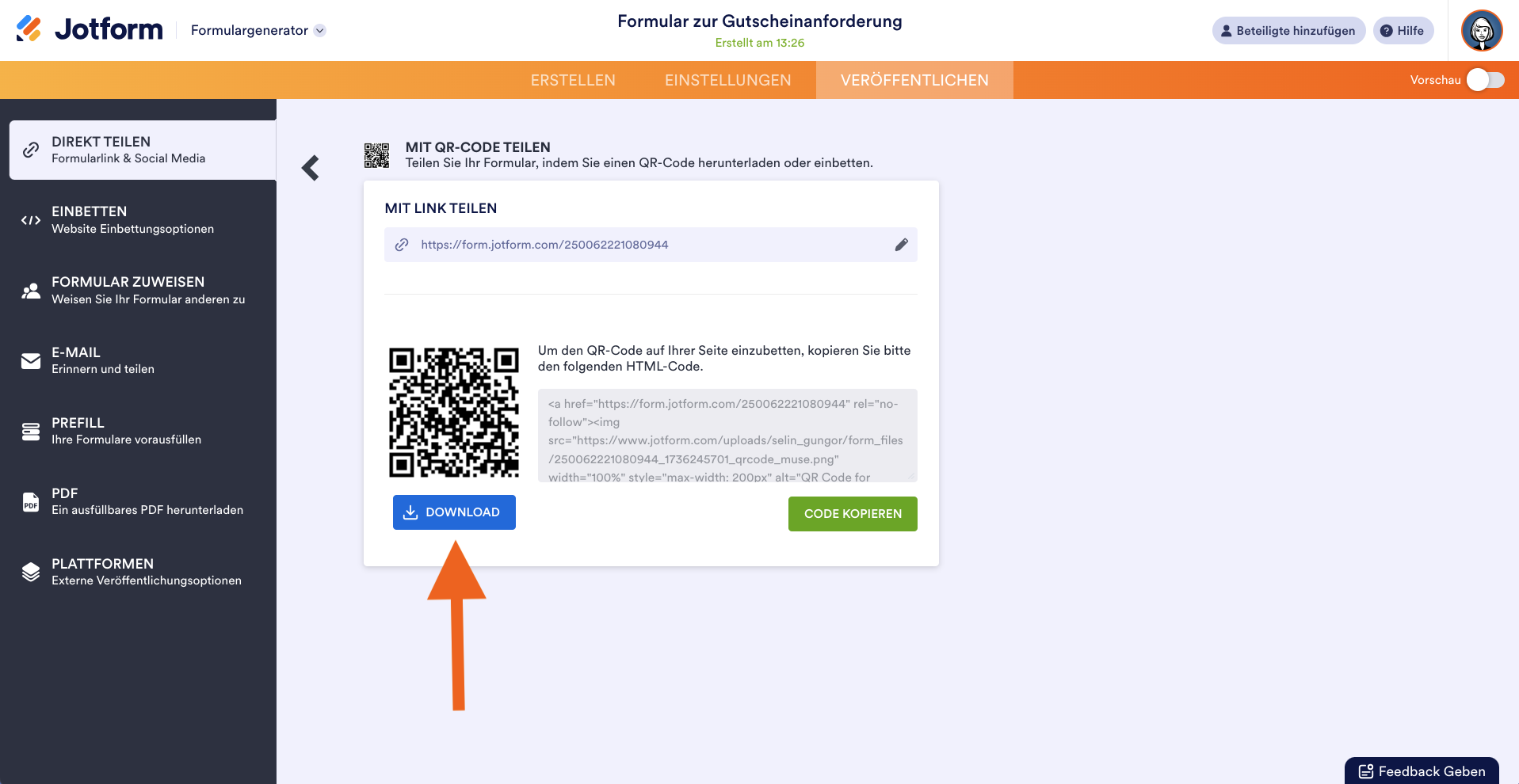 Teilen mit QR-Code-Optionen in Jotform, mit einem Pfeil, der auf den Button Download zeigt