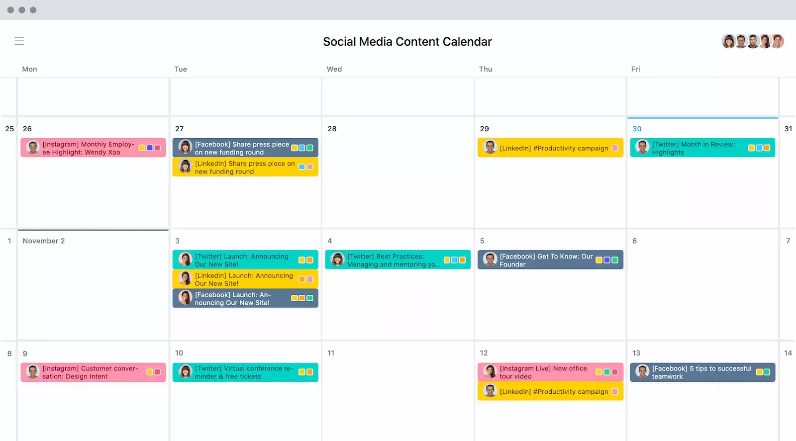 Kalenderansicht von Asana mit Kalender für soziale Medieninhalte