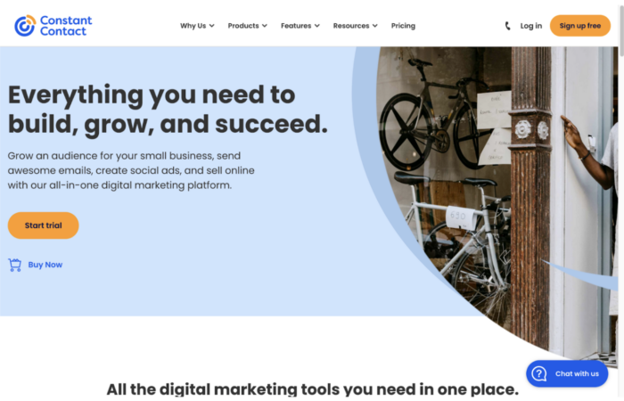 Constant Contact homepage highlighting its all-in-one email marketing