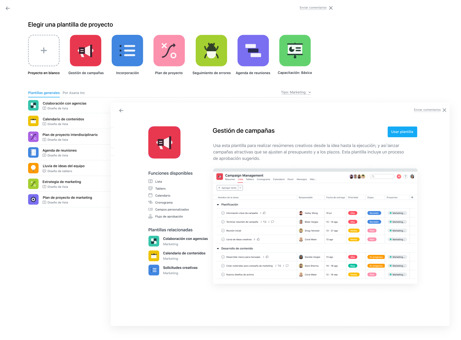 Interfaz de usuario de Asana