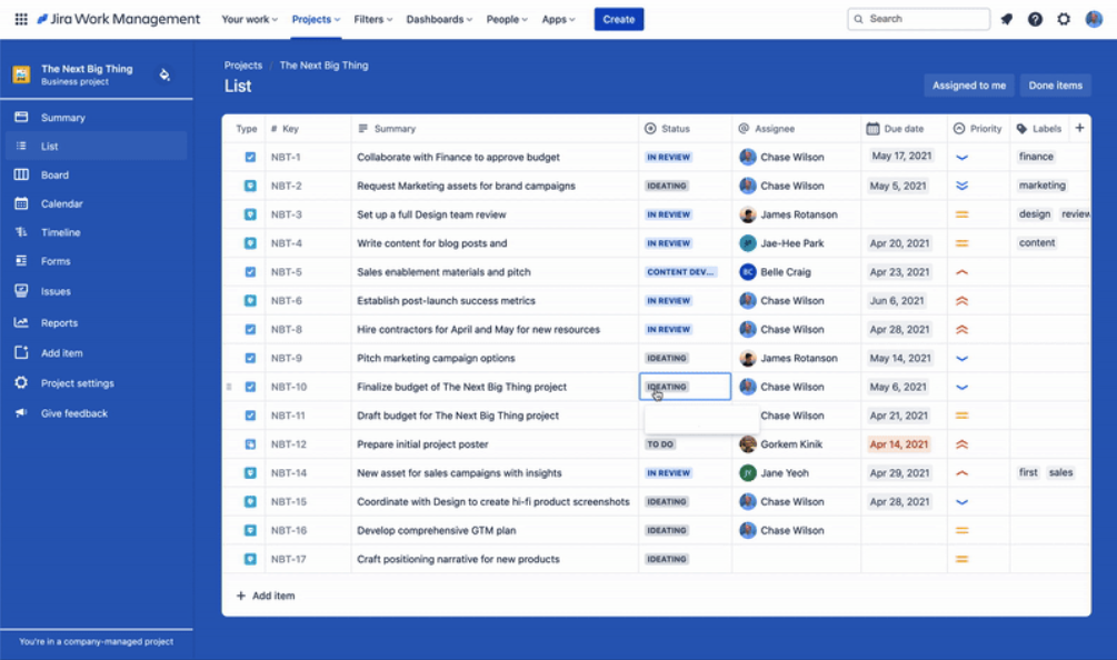 User Interface of Jira Work Management 