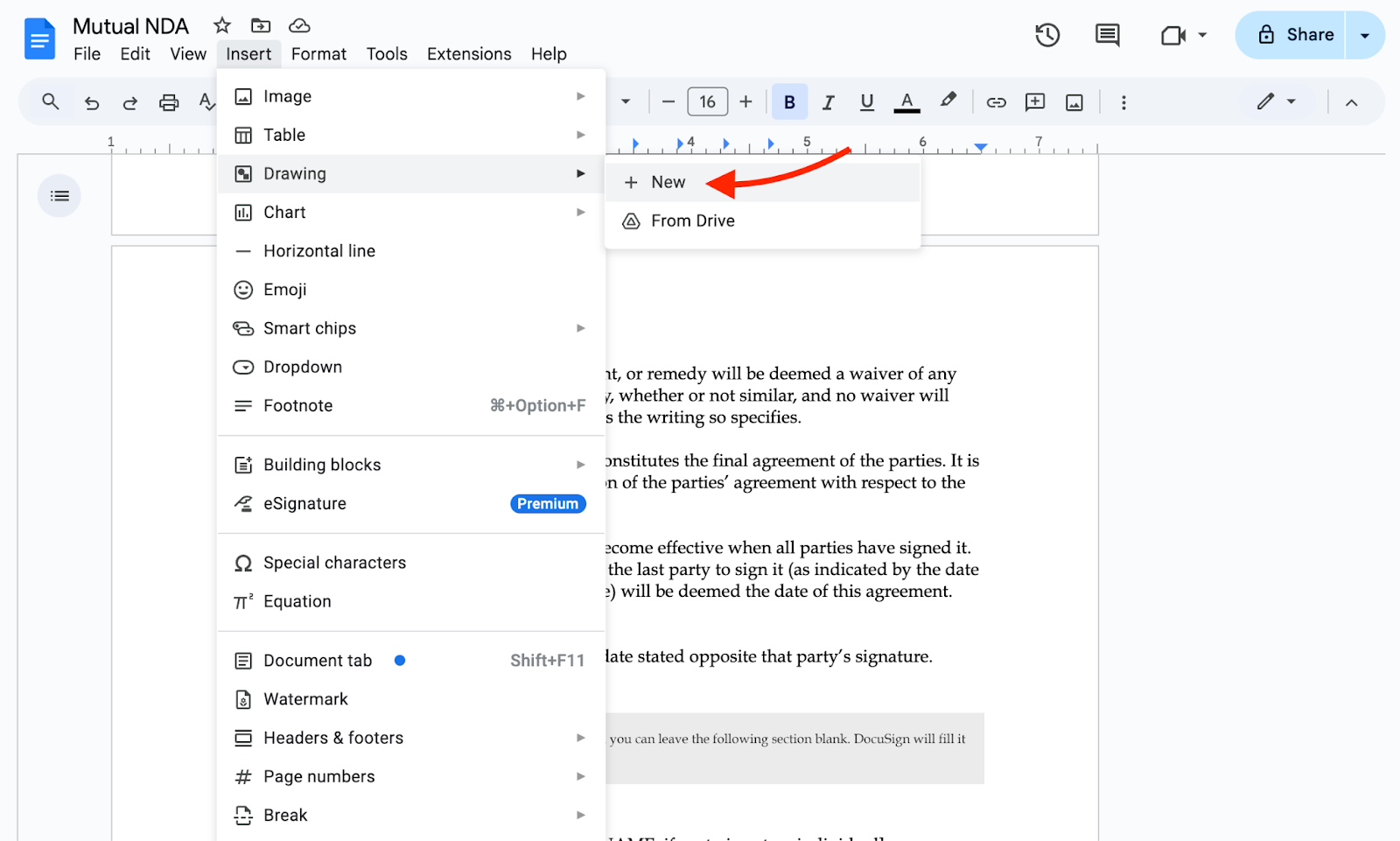 Clicking on the new button from the Drawing option on the Mutual NDA sheet in Google Docs