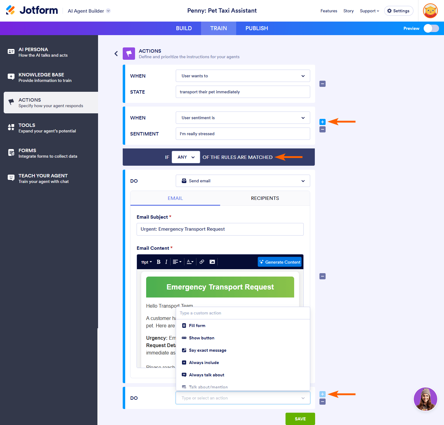 Add action and condition buttons of the Actions section in the Train tab of the Jotform AI Agent Builder