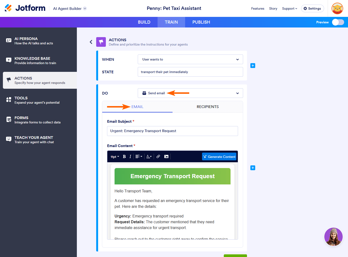 Email tab of the Send Email action in the Do dropdown of the Actions section in the Train tab of the Jotform AI Agent Builder