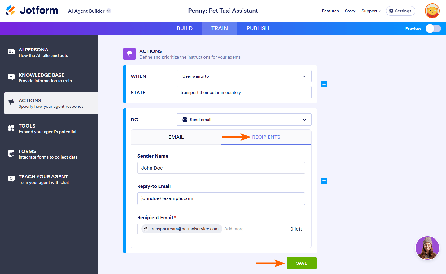 Recipient tab of the Send Email action in the Do dropdown of the Actions section in the Train tab of the Jotform AI Agent Builder
