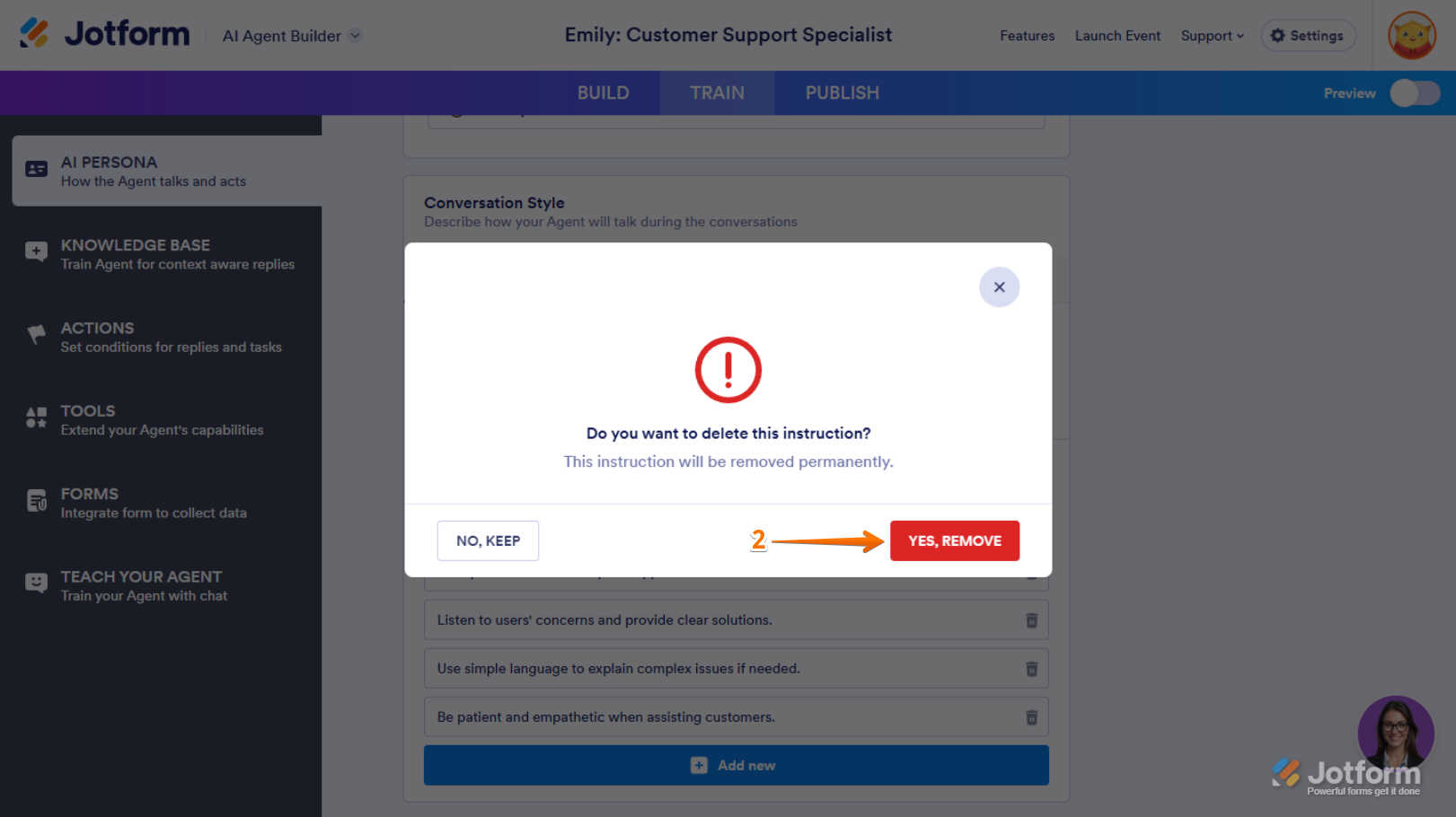 Yes, Delete button in the Delete Guidelines Confirmation window in Jotform AI Agent Builder