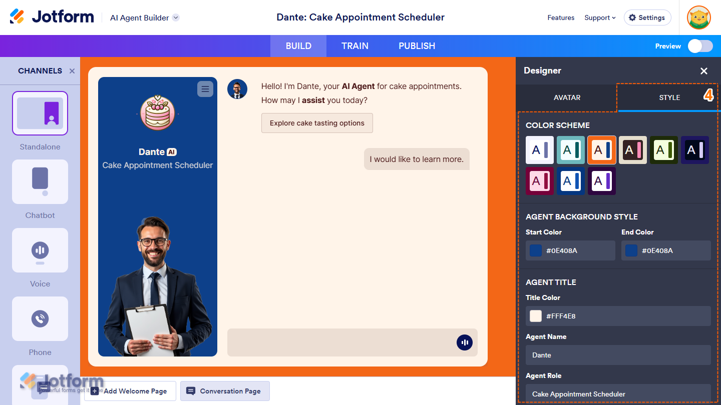Different Style tab options of the Designer tab in Jotform AI Agent Builder