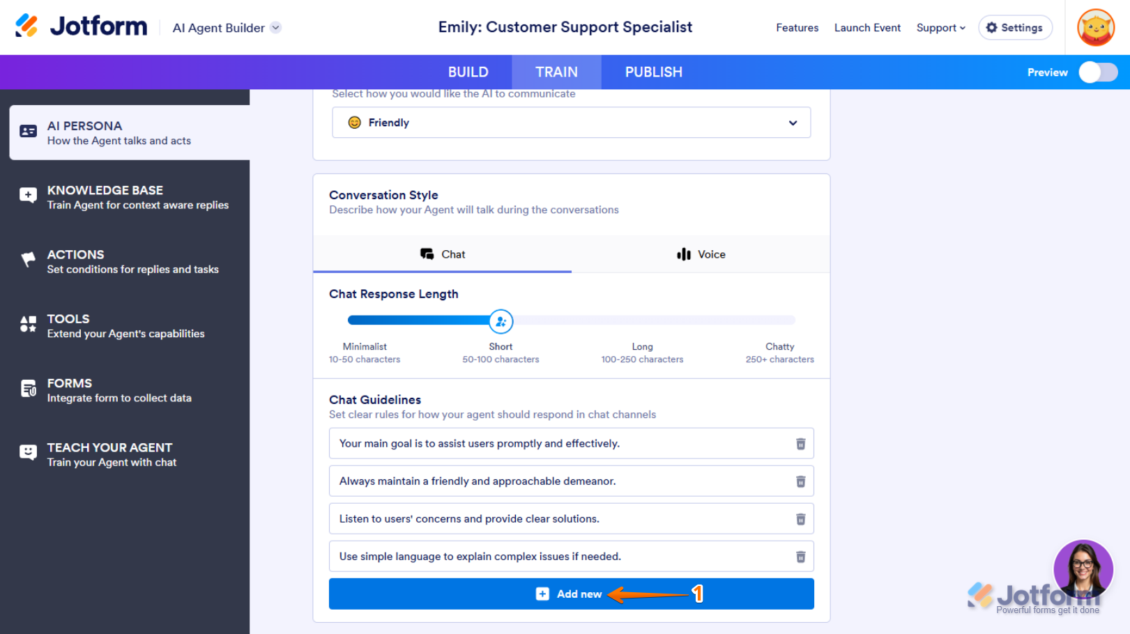 Add New button in Chat Guidelines section in the AI Persona section of the Train tab in Jotform AI Agent Builder