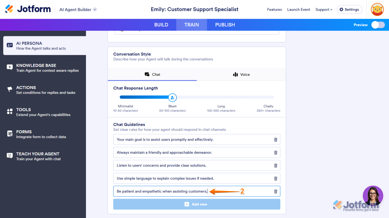 Adding a guideline in Chat Guidelines section in the AI Persona section of the Train tab in Jotform AI Agent Builder