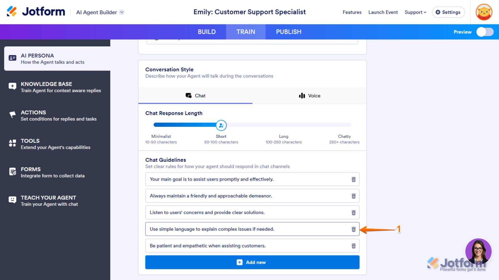 Delete Guideline button in Chat Guidelines section in the AI Persona section of the Train tab in Jotform AI Agent Builder