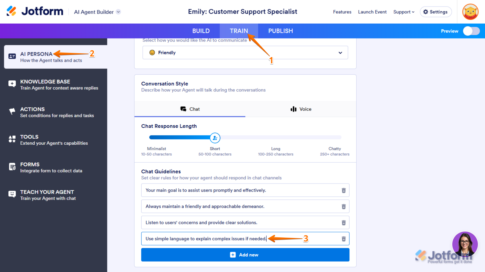 Editing a guideline in Chat Guidelines section in the AI Persona section of the Train tab in Jotform AI Agent Builder