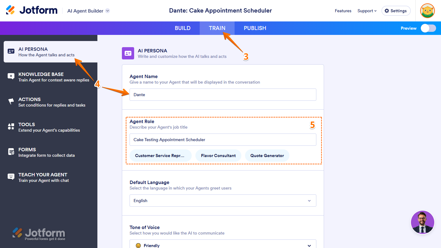 Agent Name and Agent Role settings of the AI Persona section in the Train tab of the Jotform AI Agent Builder