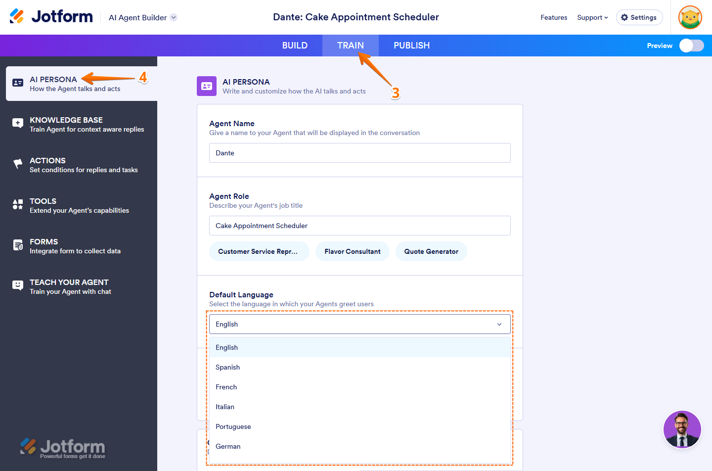 Default Language setting of the AI Persona section in the Train tab of the Jotform AI Agent Builder