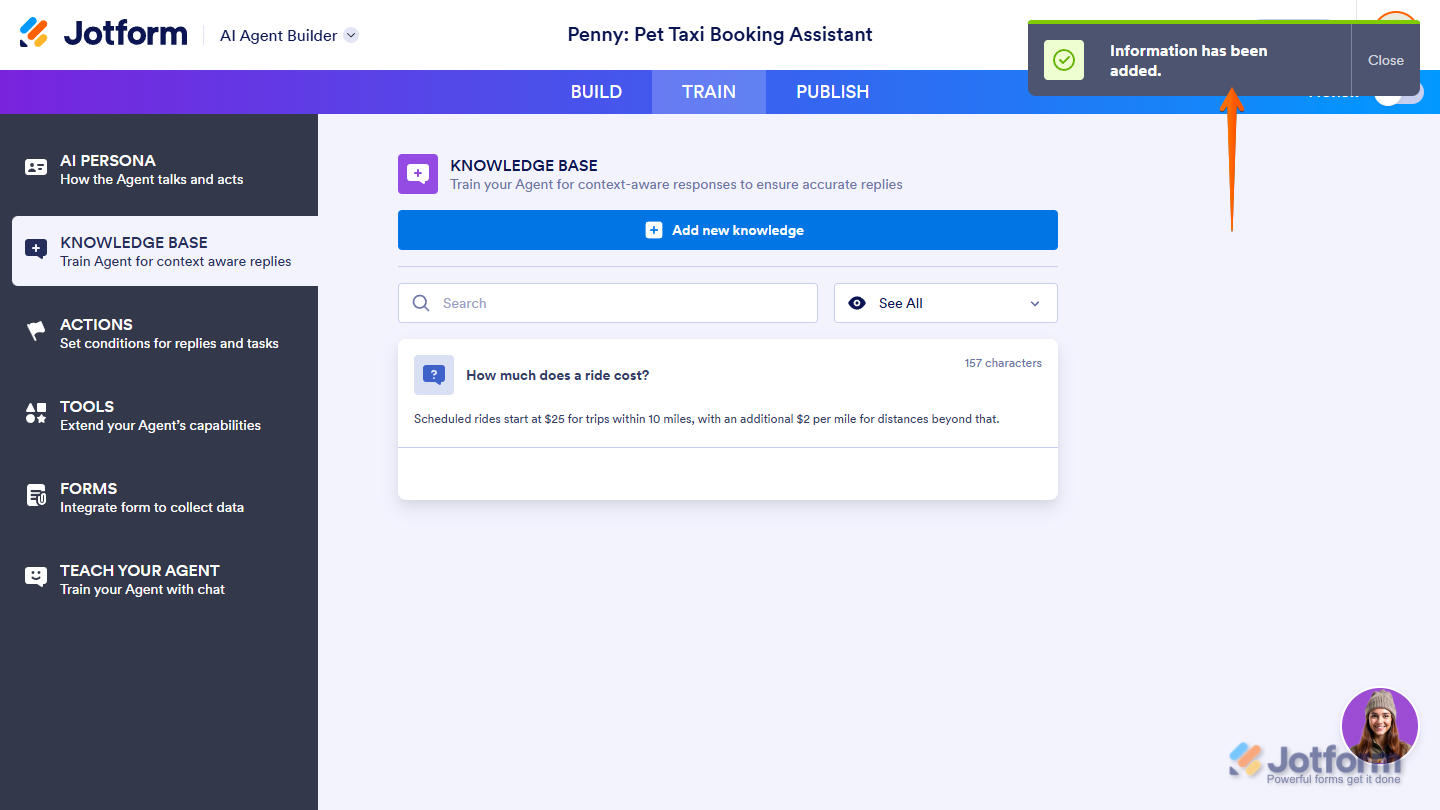 New Questions & Answer entry added to Knowledge Base in the Train tab of the Jotform AI Agent Builder