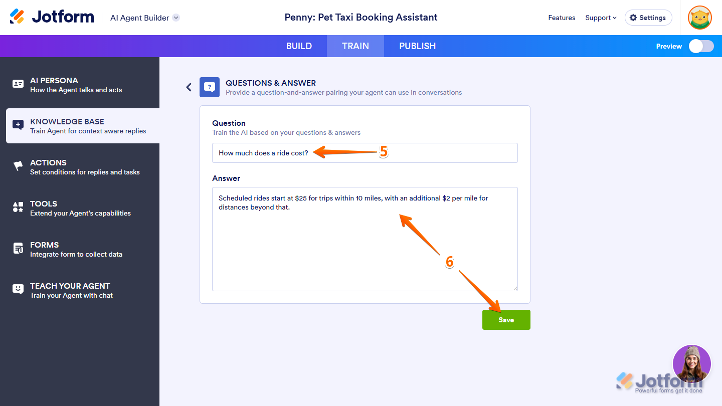Questions & Answer section of Knowledge Base in the Train tab of the Jotform AI Agent Builder
