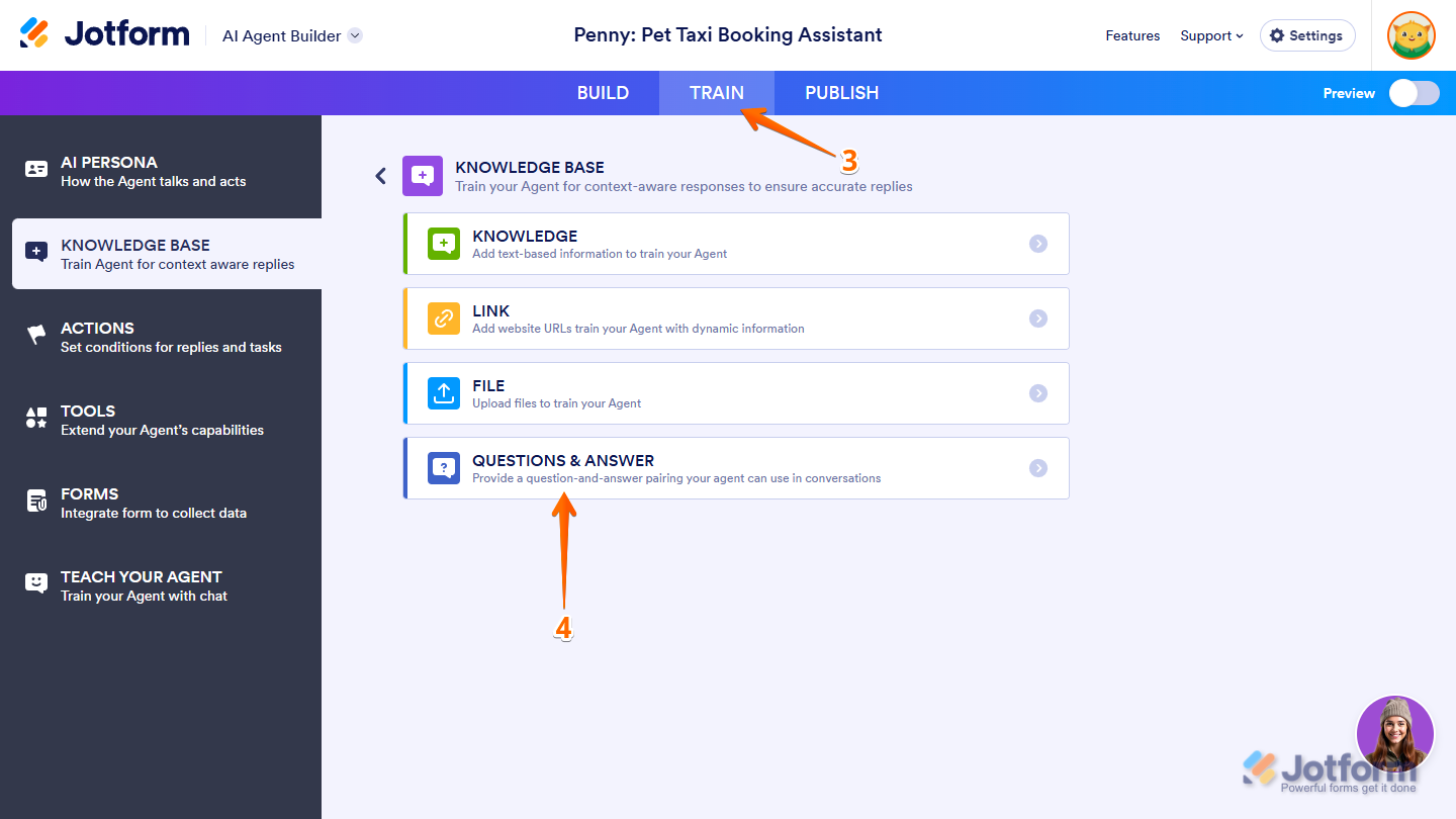 Questions & Answer option of the Knowledge Base section in the Train tab of the Jotform AI Agent Builder
