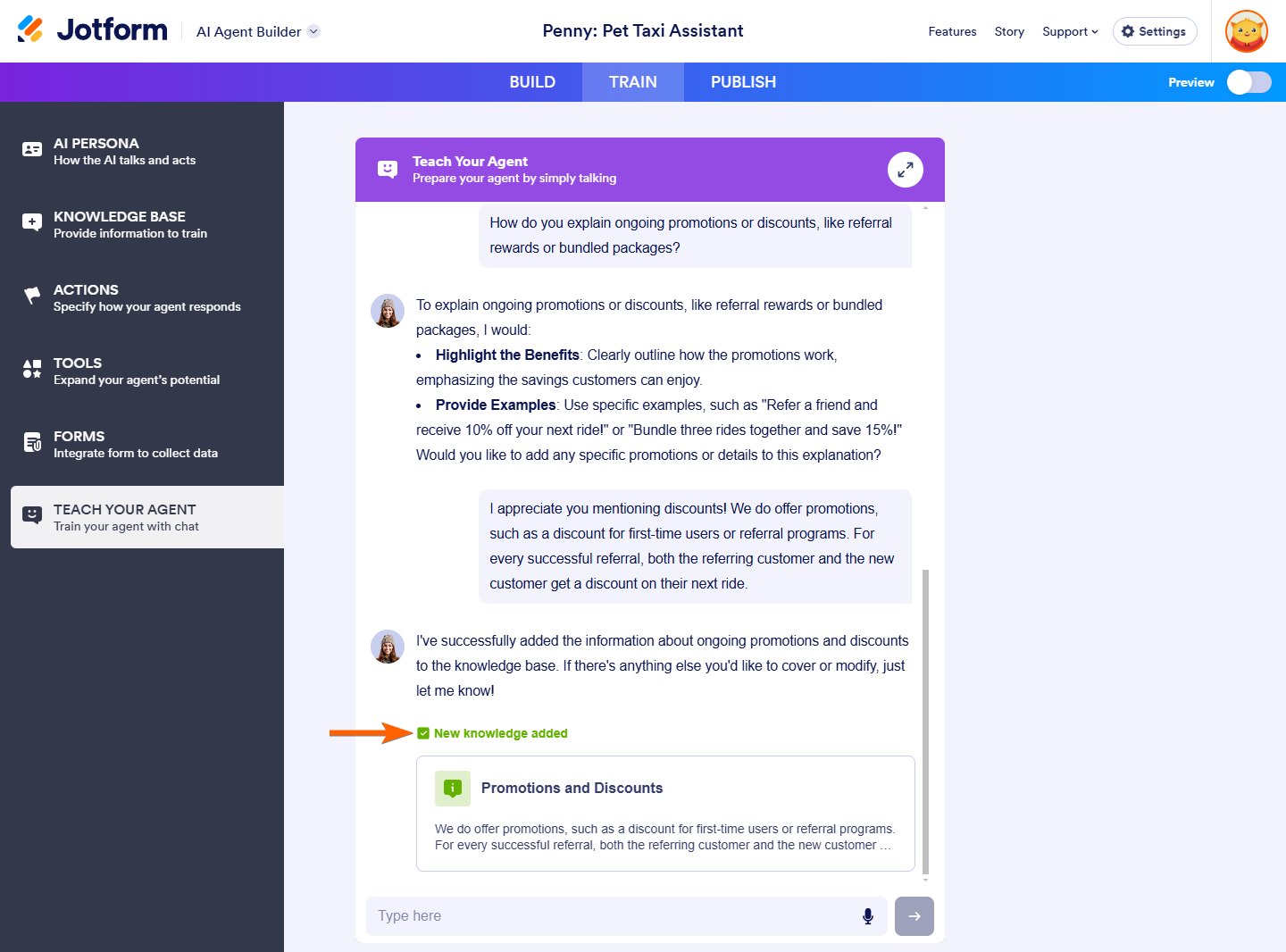 New Information Added message in the Teach Your Agent section of the Train tab in the Jotform AI Agent Builder