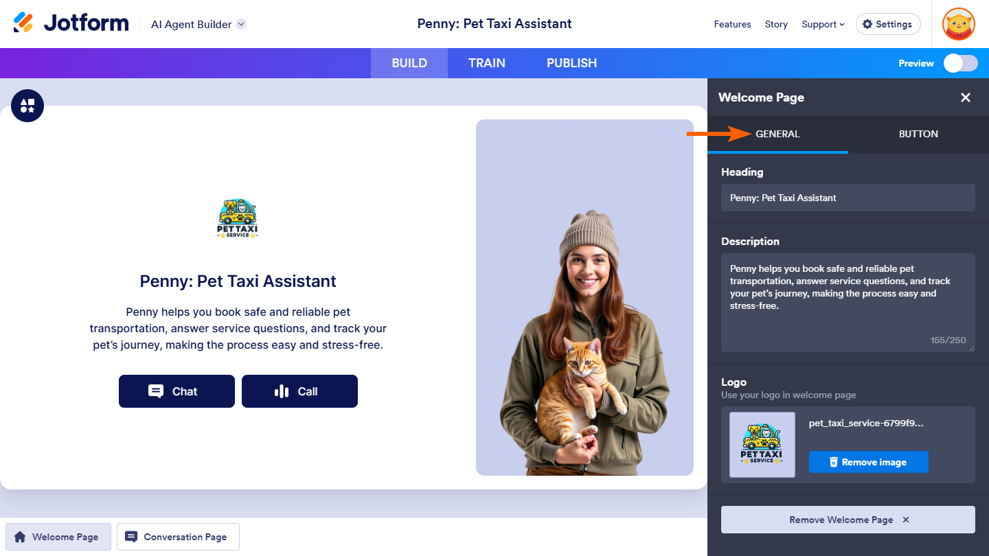 General tab in the Welcome Page Design section of Jotform AI Agent Builder