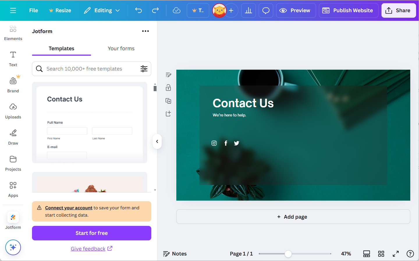 Opción de pestaña de plantillas en la aplicación Jotform para Canva