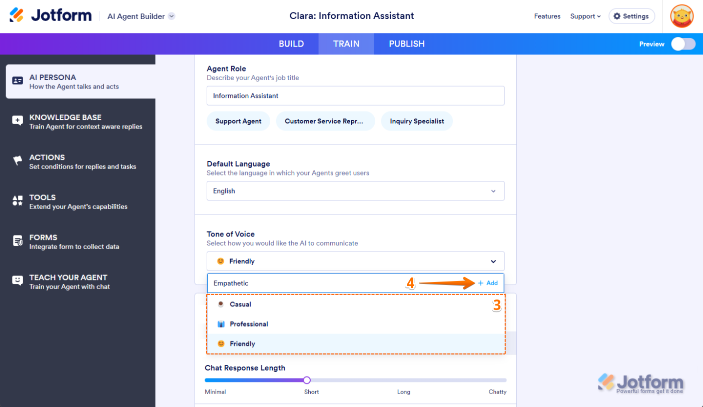Showing the Tone of Voice dropdown in Agent Builder with options like Friendly, Professional, and Casual, plus the + Add icon for custom tones in Jotform