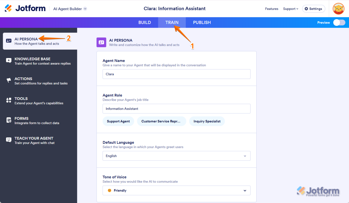Showing how to click the Train tab in Agent Builder and access AI Persona settings in Jotform