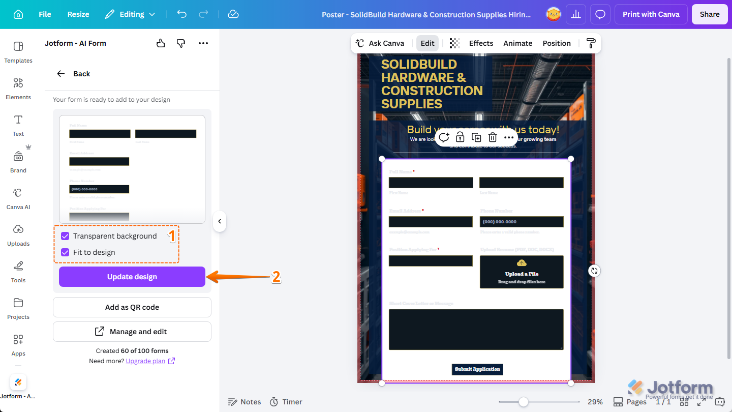 Display settings and Update Design button in Jotform Canva App in Canva Design Editor