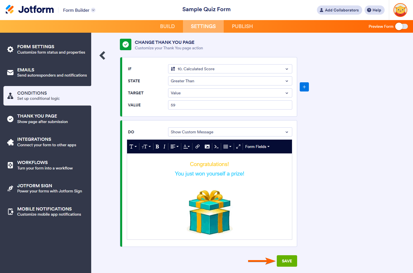 Save button in the Change Thank You Page condition settings of Jotform Form Builder