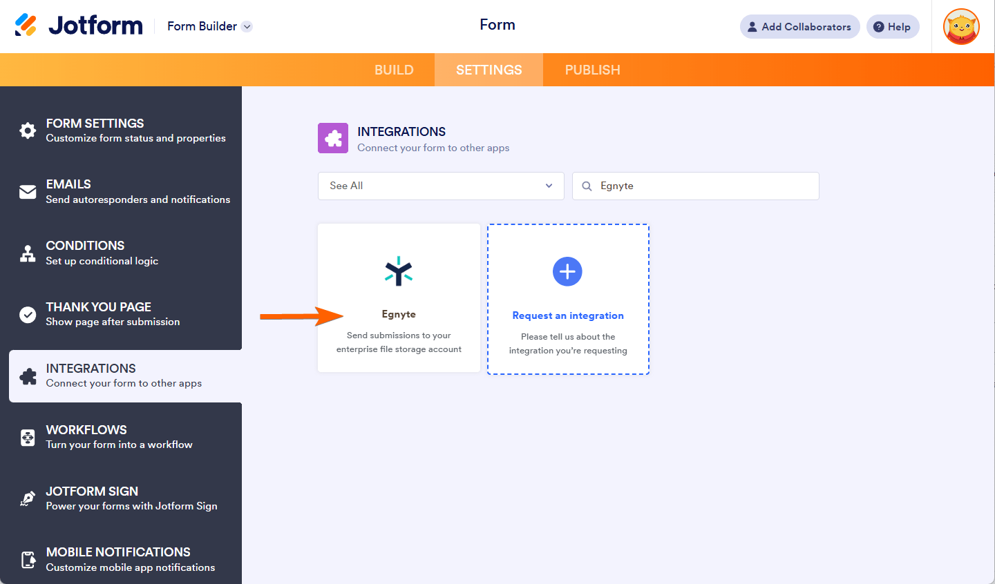 Opción de integración Egnyte en la sección de Integraciones del Form Builder de Jotform