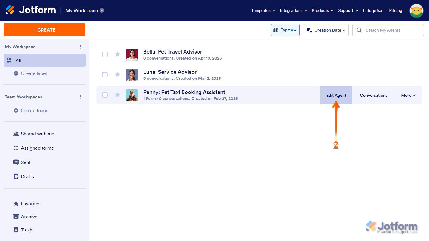 Edit Agent button of an AI Agent in Jotform My Workspace page
