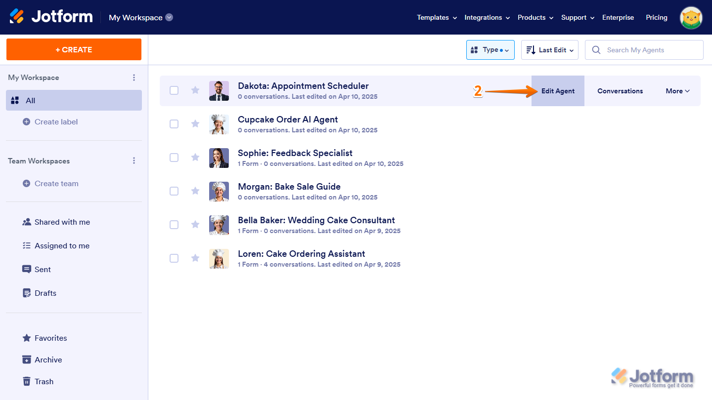 Edit Agent button of an AI Agent in Jotform My Workspace page