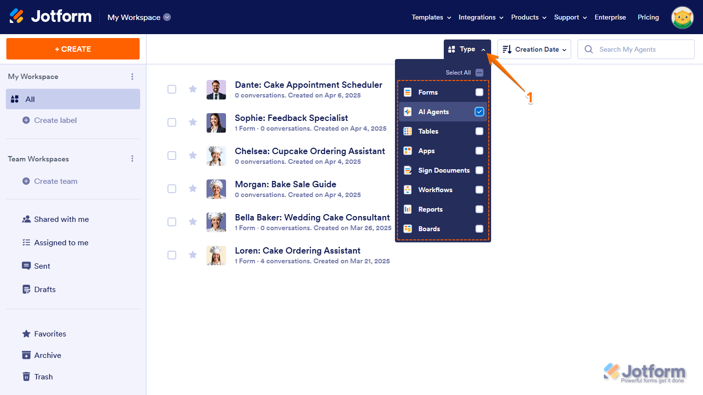 AI Agents option checked in the Type dropdown menu on the Jotform My Workspace page