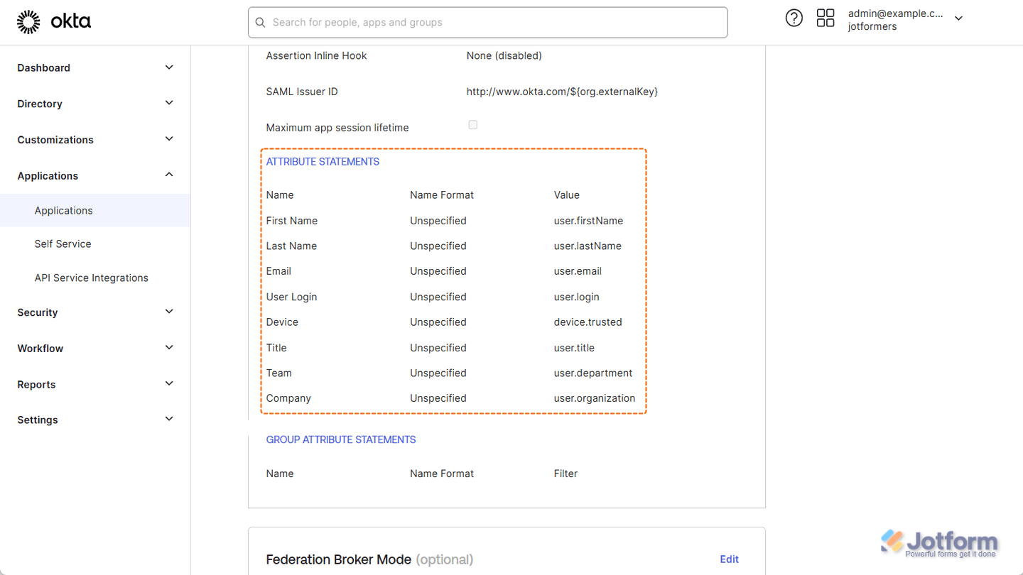 Example of missing SAML attributes in Okta due to unassigned values for Jotform Enterprise SSO