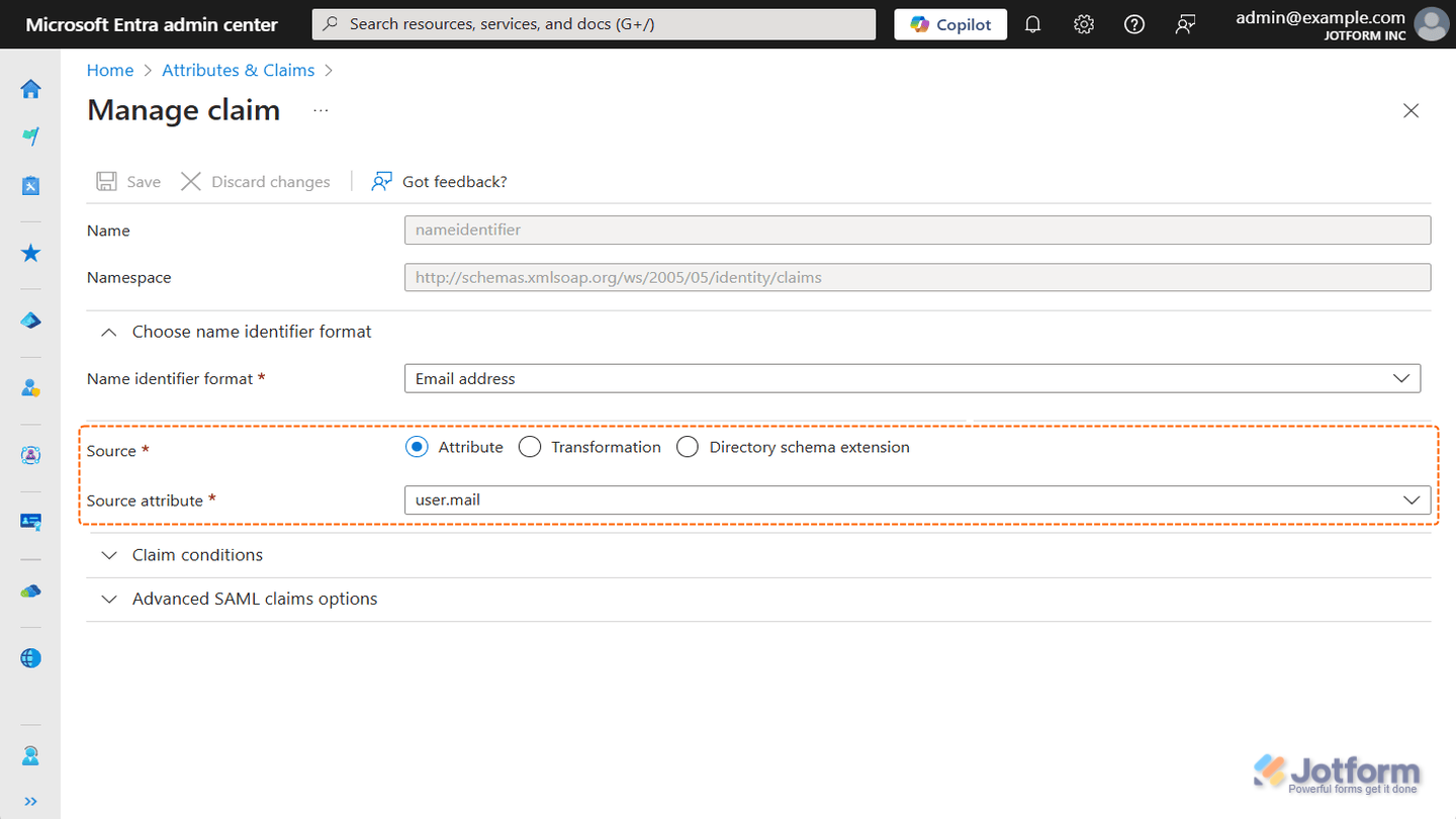 Microsoft Entra ID SAML attribute mapping showing email as the Unique User Identifier in Jotform SSO setup