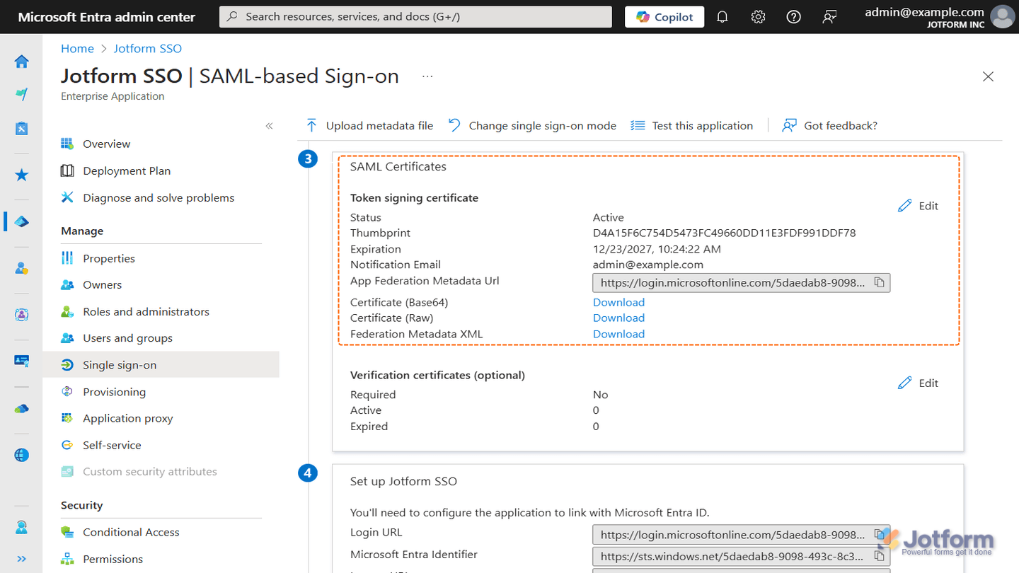 Expired SAML Certificate Example in Microsoft Entra ID for Jotform SSO