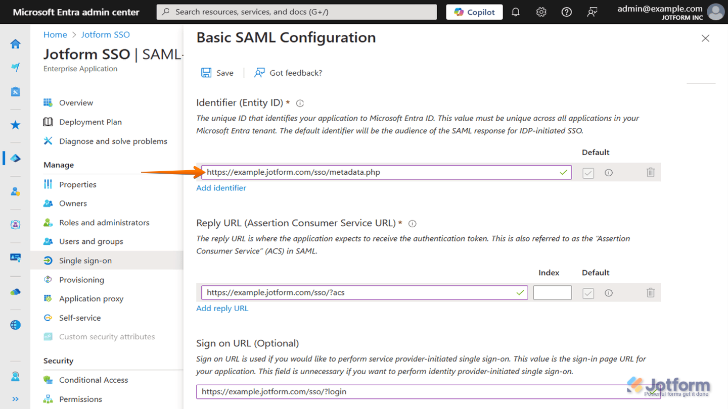 Correct SAML Identifier URL Format for Microsoft Entra ID that will be use in Jotform
