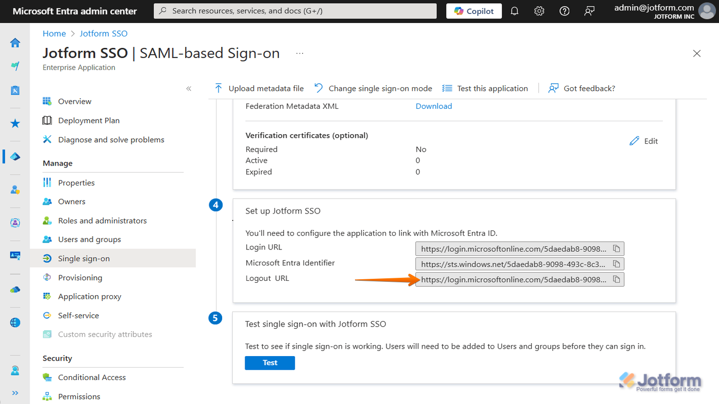 Example of correctly configured Single Logout (SLO) URL in Jotform Enterprise SSO settings to avoid redirect issues