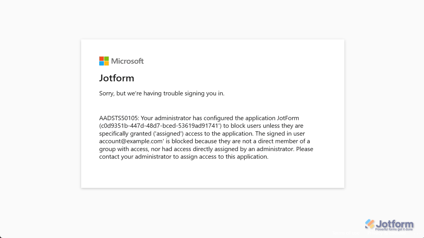 Error message shown in Jotform Enterprise when a signed-in SSO user is blocked