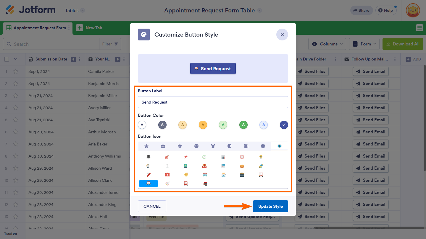 Update Style button in the Customize Button Style window of the Jotform Tables