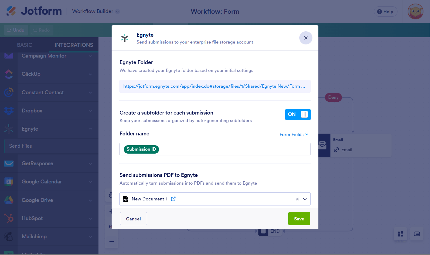 Completed settings of Egnyte integration in Jotform Workflows
