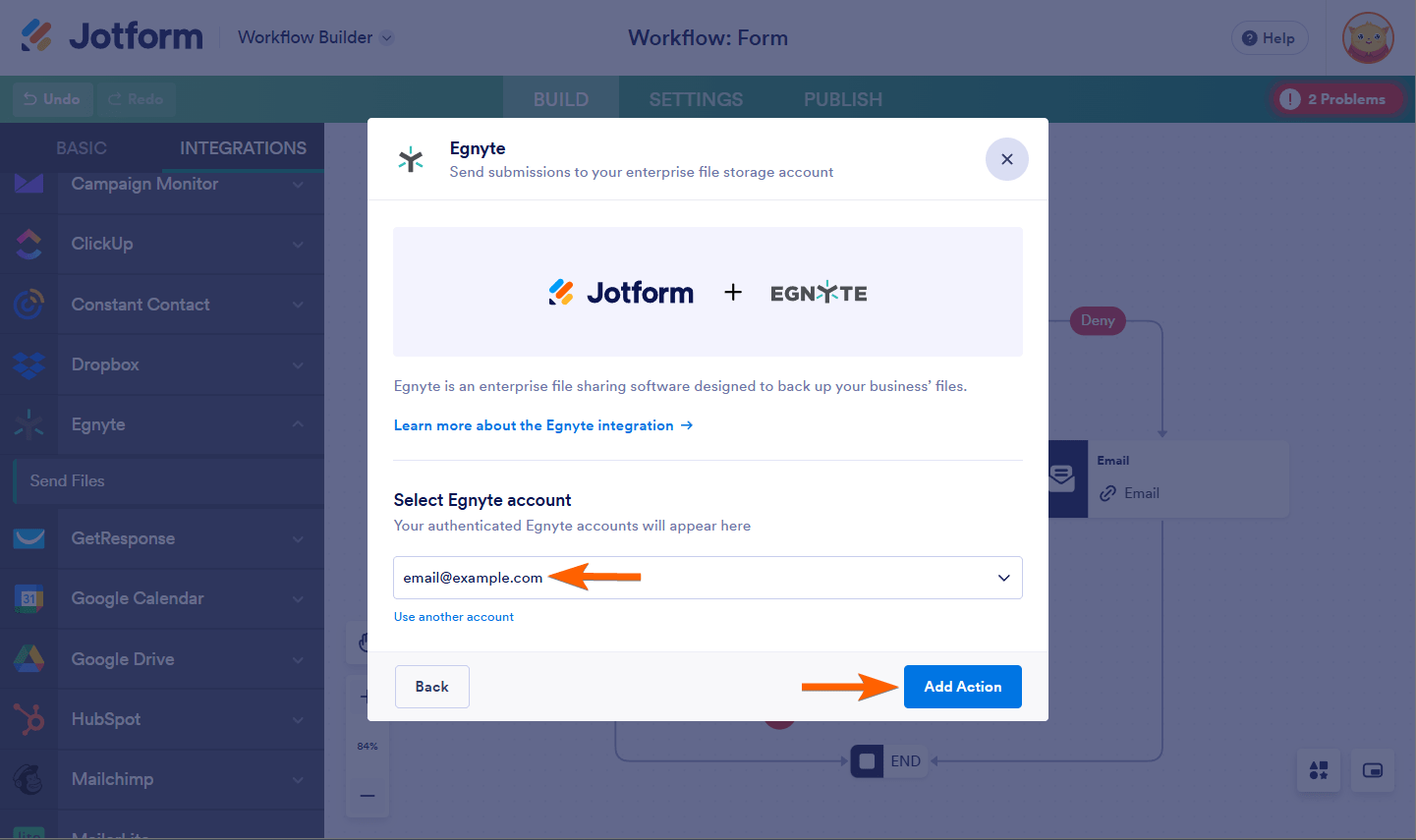 Add Action button of Egnyte integration in Jotform Workflows