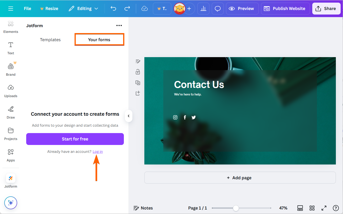 Opción de iniciar sesión en la pestaña Tus formularios en la aplicación Jotform para Canva
